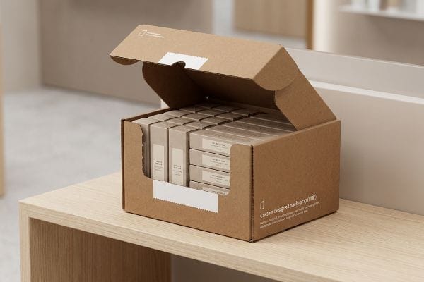 An open corrugated cardboard display box, labeled "Custom designed packaging (RRP)", filled with numerous smaller product boxes, rests on a light wooden shelf.