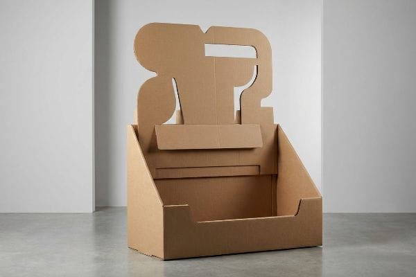 Natural brown corrugated cardboard empty dump bin with a custom die-cut header for visual disruption.