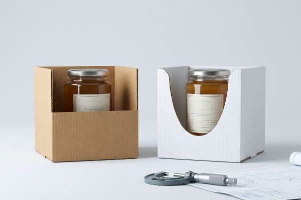 Dois frascos de vidro em embalagem de papelão ondulado, um com borda alta para retenção e outro com um recorte personalizado para melhor visibilidade do rótulo, com micrômetro e linha de corte.