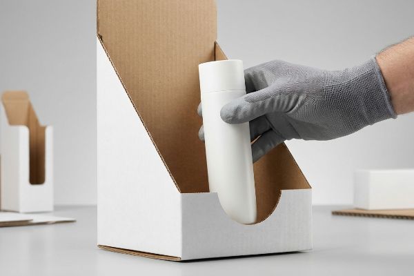 Gloved hand places white bottle into corrugated display box with custom die-cut swoop for frictionless removal.