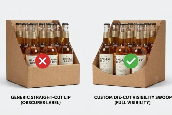 Visibility Swoop Display Hamrless Branith bottles in kraft trays. Generic Straight-Cut Lip obscures labels; Custom Die-Cut Swoop for full view.