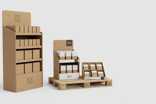 Kraft corrugated cardboard displays: floor stand, 'Custom Display' half pallet, and countertop unit on a Euro pallet.