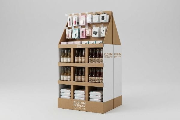 عرض متعدد المنتجات في نهاية الممر تتميز منصة العرض الطرفية المموجة من شركة Custom Display Solutions بعرض عبوات مستحضرات التجميل، والزجاجات، والسلع المعبأة.