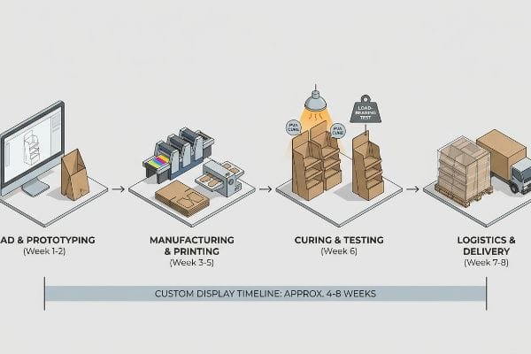 Visualizing the custom cardboard display timeline, detailing Cad & Prototyping, Manufacturing & Printing, Curing & Testing, and Logistics & Delivery over 4-8 weeks.