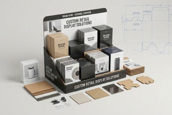 A custom retail display solution with tiered cardboard stand, 'Brand Name' product boxes, flat material samples, and a die-cut blueprint, showcasing structural engineering.