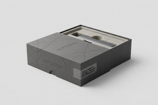 Gray custom packaging box, partially open, shows a silver product in a custom insert, with 'Our Design' and 'Custom Engineered for Retail Compliance & Optimized Logistics' label.