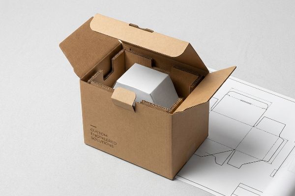 Custom corrugated box, 'Custom Engineered Solutions' text, internal packaging, white hexagonal, blueprint.