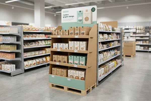 Cardboard FSDU on pallet, showing 'Custom graphic design' for cereal products in a supermarket.