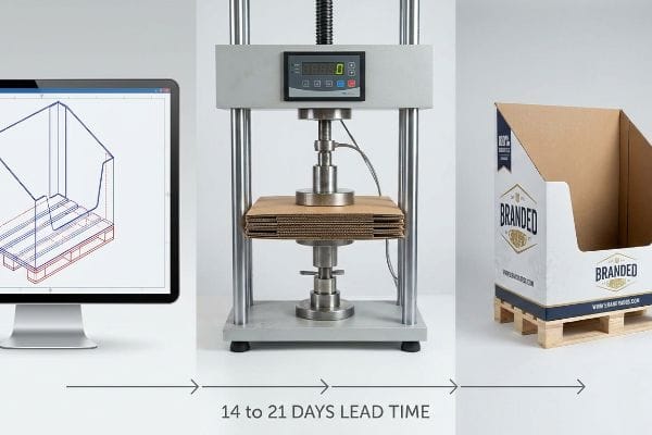 Production process displays CAD design, corrugated compression test, and a Branded half pallet display, with 14 to 21 Days Lead Time.