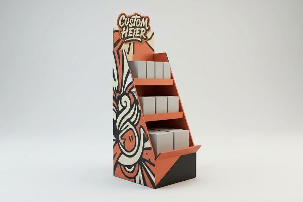An orange and black corrugated retail POP display, featuring a 'Custom Heier' header and four tiers of product boxes.