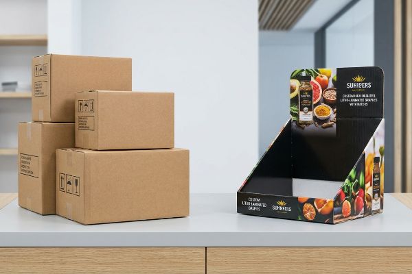 Brown corrugated shipping boxes beside a black Sunisers custom litho-laminated retail display for spices.
