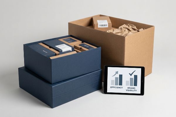 Custom blue packaging boxes with a tablet showing