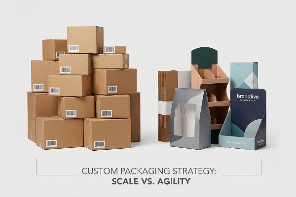 Brown shipping boxes and custom Brandlive retail displays show Custom Packaging Strategy: Scale Vs. Agility.