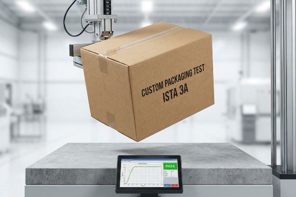Brown cardboard box undergoing a Custom Packaging Test Ista 3A, held by a mechanical arm above a tablet showing a 'Pass' result.