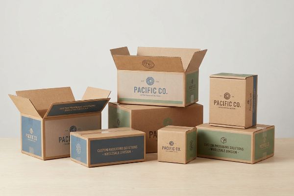 A collection of custom printed corrugated boxes for Pacific Co., featuring blue-gray and sage green branding for Custom Packaging Solutions - Wholesale Division.