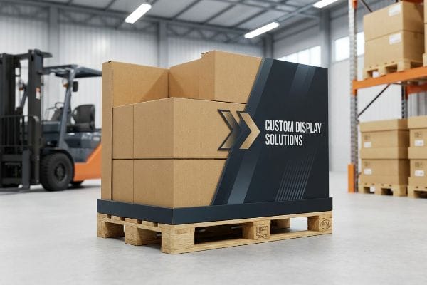 Warehouse scene with a custom pallet display featuring "Custom Display Solutions" branding on stacked cardboard boxes, on a wooden pallet.