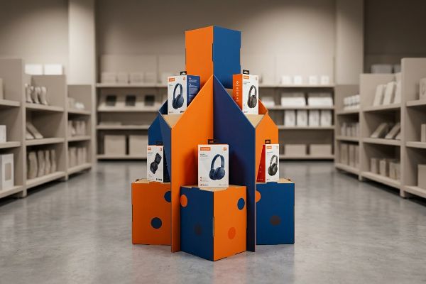 A retail store features a custom orange and blue POP display showcasing Lenovo and JBL headphones in boxes, designed to attract shoppers.
