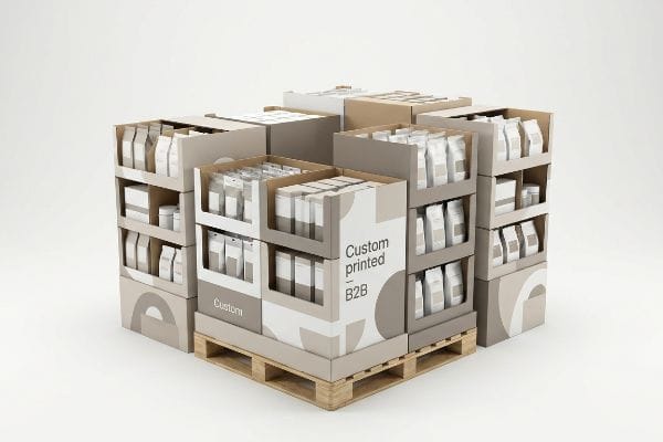 Modular custom printed B2B cardboard display units on a wooden pallet, showcasing retail product packaging.
