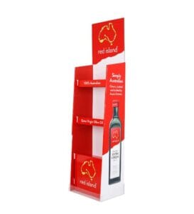 custom red cardboard display designed for heavy olive oil bottles.
