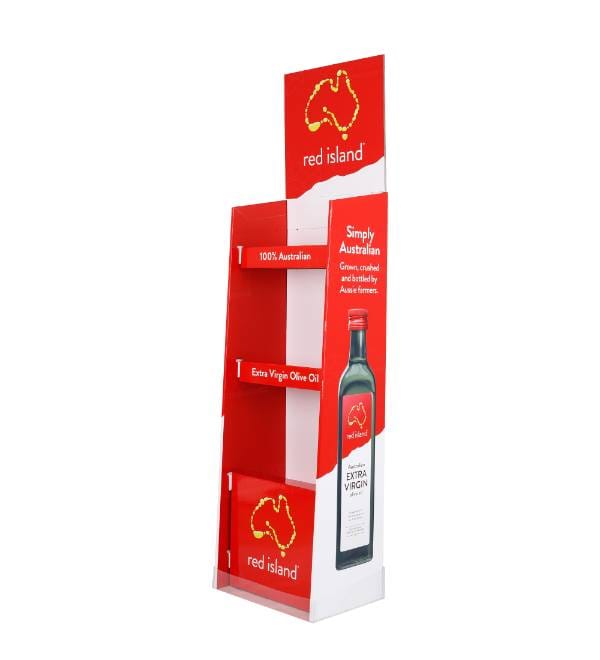 custom red cardboard display designed for heavy olive oil bottles.