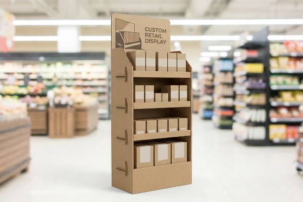 Brown corrugated cardboard custom retail display with four shelves of plain boxes, featuring a 'Custom Retail Display' header in a supermarket.