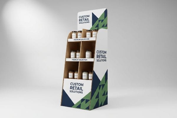 A custom retail solutions corrugated cardboard POS display, featuring three shelves of 