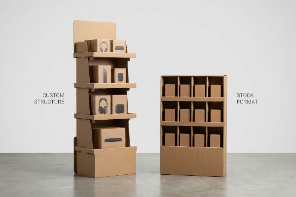 Showcasing two brown cardboard retail displays: a multi-tiered Custom Structure with product boxes and a Stock Format with uniform compartments.