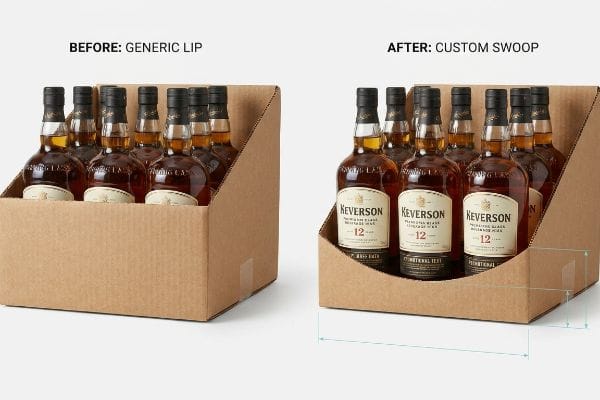 Custom Swoop Display Visibility Corrugated display trays: generic lip obscuring Keverson 12 whisky labels versus custom die-cut swoop for full product visibility.