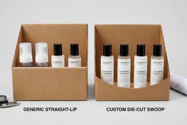 Braune Standardverpackung, die die Etiketten des Cosmet Brand Premium Revitalizing Serum verdeckt, im Gegensatz zu einer weißen, individuell gestalteten PDQ-Verpackung mit ausgestanztem Schwung für volle Sichtbarkeit.