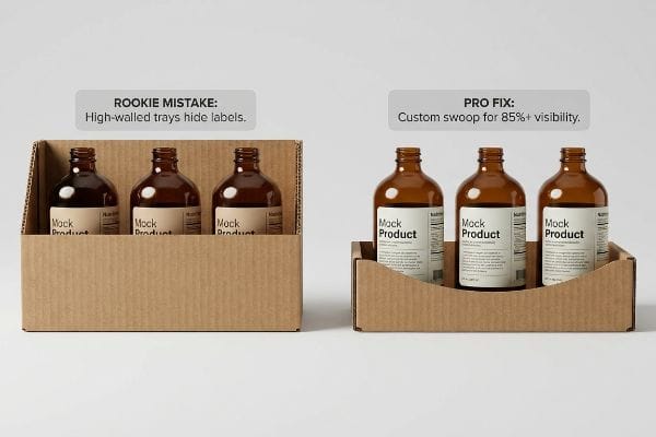 Corrugated cardboard trays compare product visibility; a 'Rookie Mistake' high-walled tray hides 'Mock Product' labels, while a 'Pro Fix' custom swoop tray ensures 85%+ label visibility.