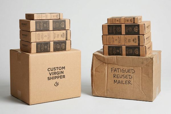 Brown cardboard boxes contrasting a new 'Custom Virgin Shipper' with a visibly fatigued 'Fatigued Reused Mailer,' both holding product stacks.