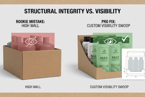 High Wall cardboard display hides pink bottles. Custom Visibility Swoop tray shows green Brand Max Visibility products.