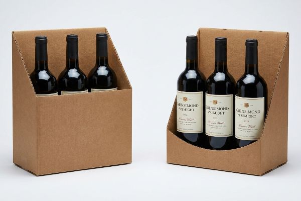 Brown corrugated wine trays, one standard and one with a custom die-cut swoop revealing Gensimond Premight wine labels.