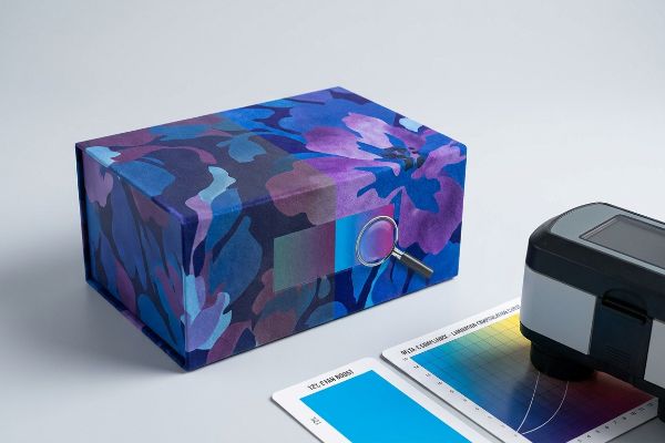 Spectrophotometer measuring a patterned beauty carton with a 12% Cyan Boost and Lamination Compensation Curve for color accuracy.