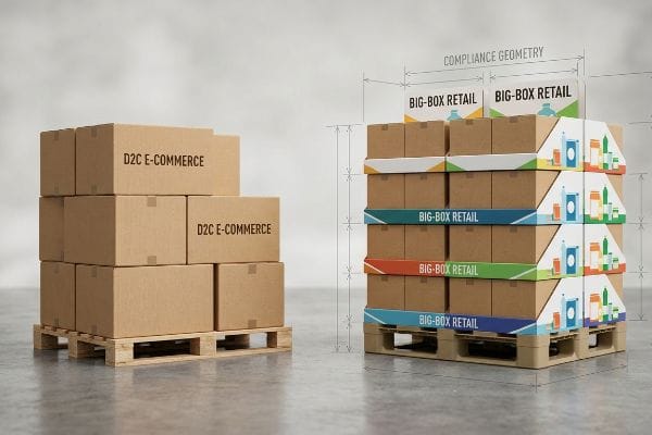 Big-Box Retail Compliance Brown cardboard boxes on wooden pallets illustrate D2C E-commerce shipping versus Big-Box Retail display packaging with Compliance Geometry and colorful promotional bands.