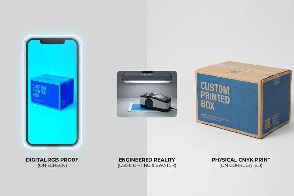 スマートフォン上のデジタルRGBプルーフ、D50照明と分光光度計を用いた人工的な現実、そして段ボール製の特注印刷箱に印刷された物理的なCMYK印刷物との比較。.