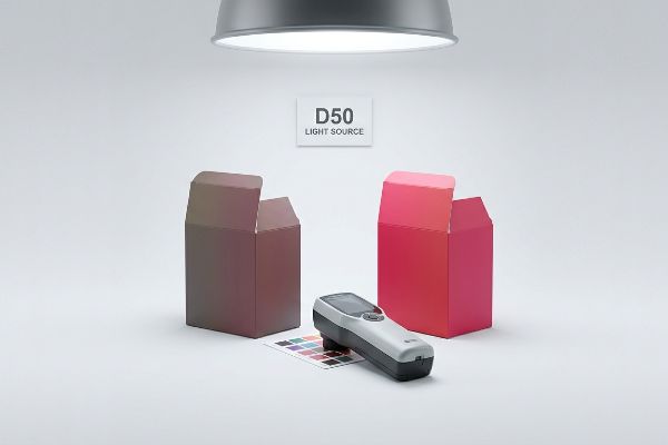 Under a D50 Light Source, a spectrophotometer measures color accuracy on a swatch card, comparing dull brown and vibrant pink packaging boxes.