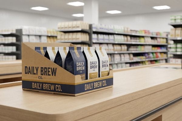 A retail checkout counter features a corrugated PDQ display showcasing Daily Brew Co. coffee pouches in blue and white, designed for impulse purchases.