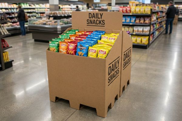 A retail aisle features a brown corrugated dump bin display, branded 'Daily Snacks', filled with various Lay's and Doritos snack bags.
