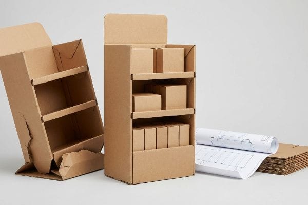 Corrugated cardboard POP displays, one assembled with boxes, one damaged, alongside blueprints and flat sheets, highlighting structural issues.