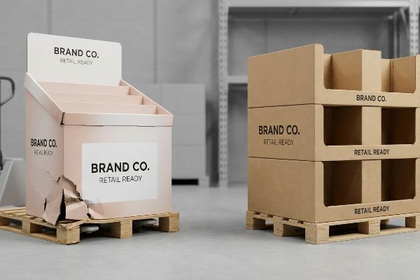 Damaged light brown corrugated Brand Co. Retail Ready POP display on pallet, beside stacked brown retail-ready units.