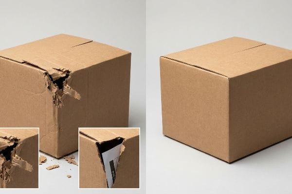 Damaged brown corrugated box with a large tear exposing fluting, contrasted with a pristine, sealed RSC carton, showing packaging failure.