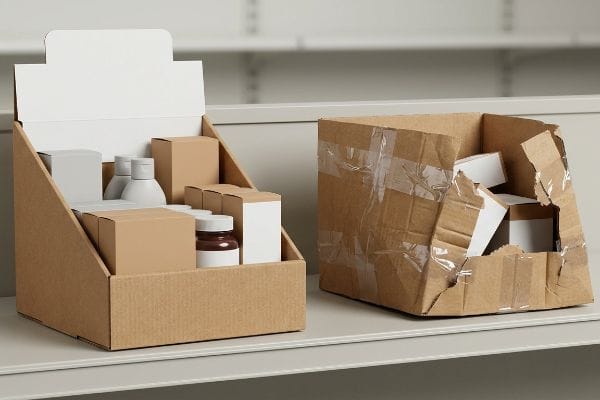 Kraft paperboard PDQ display showcasing retail products, contrasted with a damaged, tape-wrapped cardboard box, illustrating poor packaging assembly.