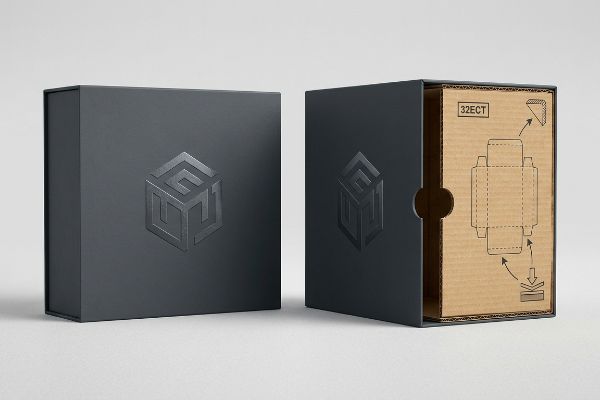 Dark gray luxury packaging boxes, one closed and one open revealing 32ECT corrugated cardboard with a folding diagram and embossed logo.