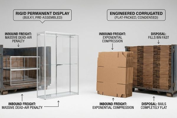 Bulky, Pre-Assembled Rigid Permanent Display with Massive Dead-Air Penalty contrasted with Flat-Packed Engineered Corrugated, showing Exponential Compression and flat disposal.