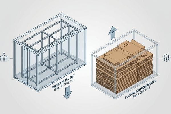 Isometric illustration comparing a container with a 'Welded Metal Unit (Dead Air Shipping)' showing high cost, versus a container packed with 'Flat-Packed Corrugated (Space Optimized)' showing reduced freight penalty.