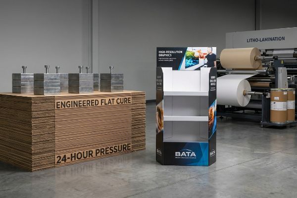 Corrugated cardboard stack with metal weights for Engineered Flat Cure and 24-Hour Pressure, next to a Bata retail display and Litho-Lamination machine.