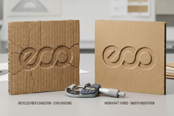 Cracked recycled cardboard with debossed Esso logo shows Litho-Cracking, contrasted with smooth Virgin Kraft Hybrid, measured 1.01mm by micrometer.
