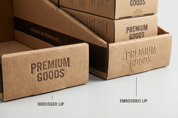 Brown corrugated packaging shows 'Premium Goods' on a Debossed Lip and an Embossed Lip.