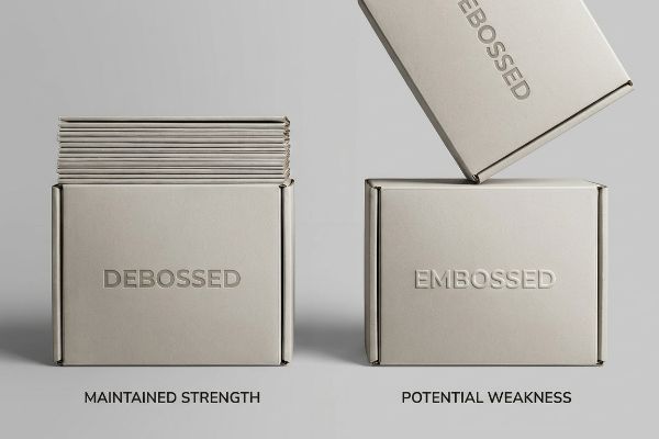 Debossed box with stacked items shows Maintained Strength, contrasting Embossed box indicating Potential Weakness.